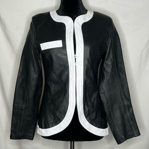 Elegant Black and White Calfskin Leather Jacket Sz LG*